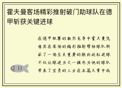 霍夫曼客场精彩推射破门助球队在德甲斩获关键进球